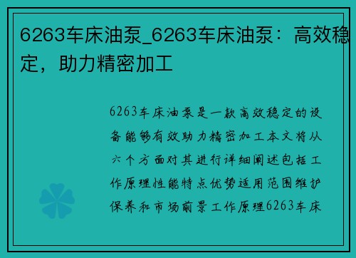 6263车床油泵_6263车床油泵：高效稳定，助力精密加工